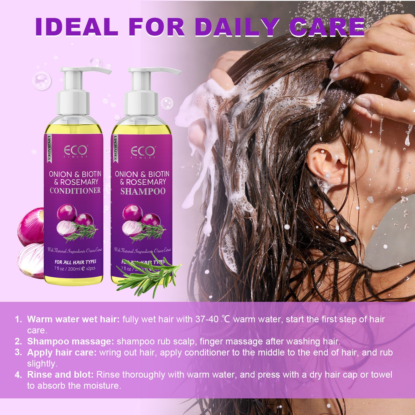 200ml x 2 Onion & Rosemary Shampoo & Conditioner Set – Natural Hair Growth Formula with Biotin, for Stronger, Thicker Hair and Scalp Care