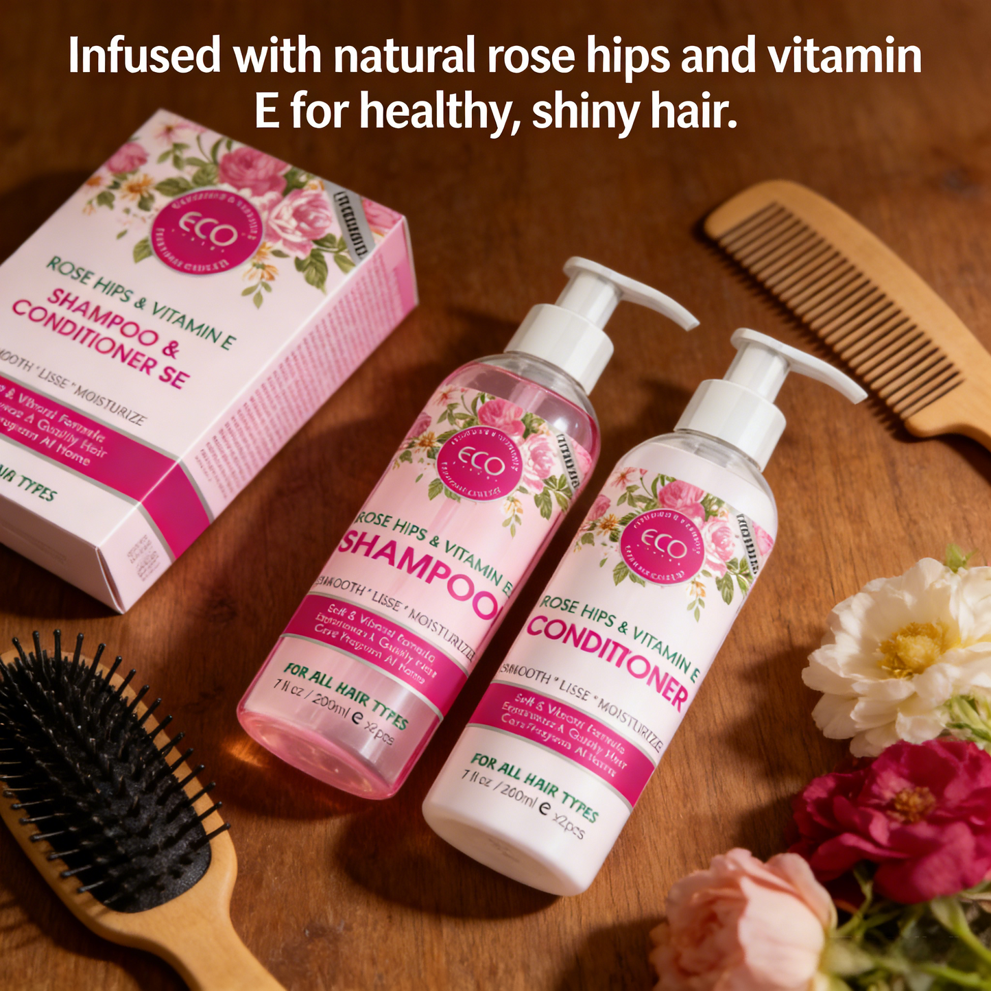 200ml x 2 Rose Hips & Vitamin E Shampoo & Conditioner Set – Plant-Based Hair Care for Soft, Moisturized Hair