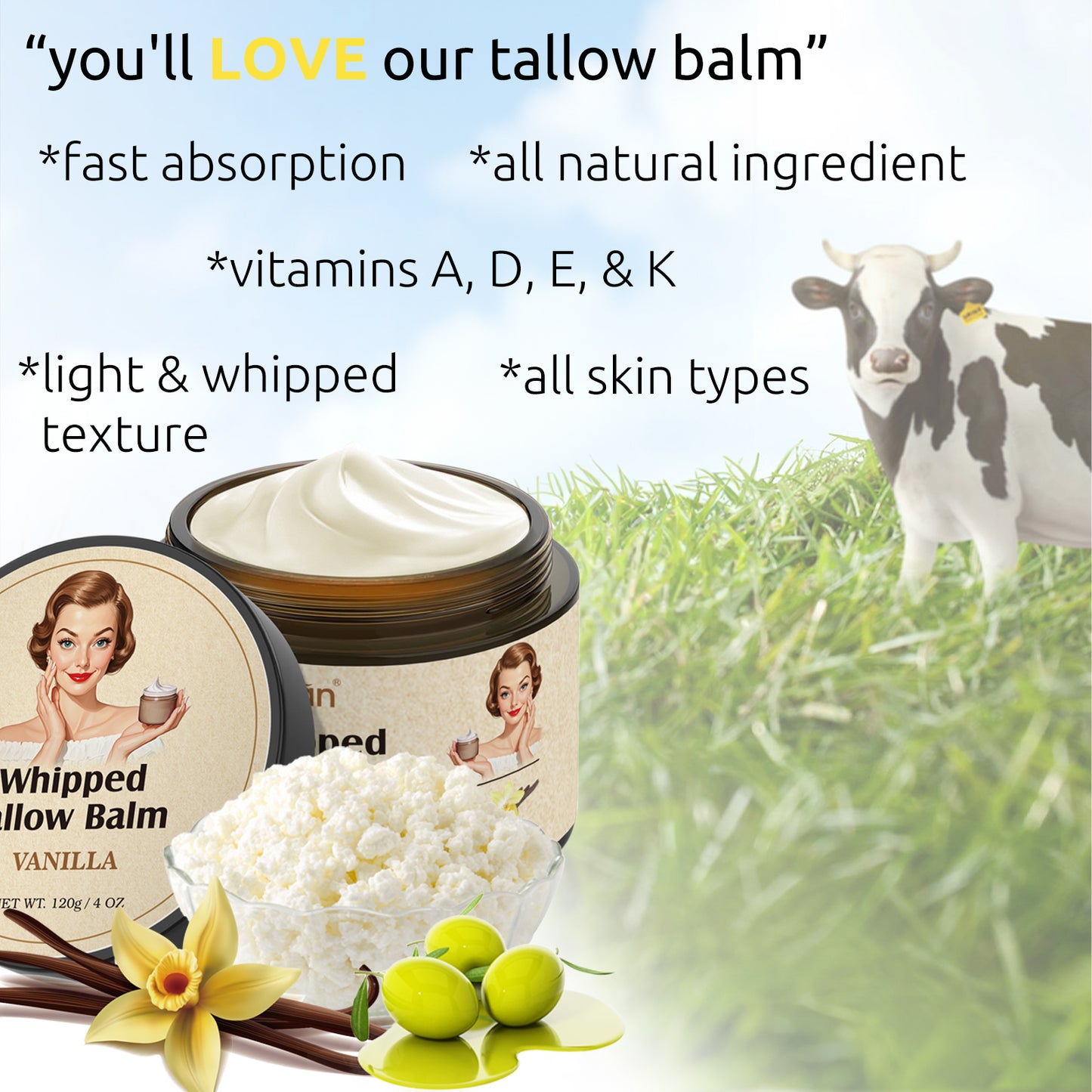 Hand Mixed Whipped Tallow Balm - Gentle And Moisturizing, Rich In Vanilla Essential Oil And Olive Oil
