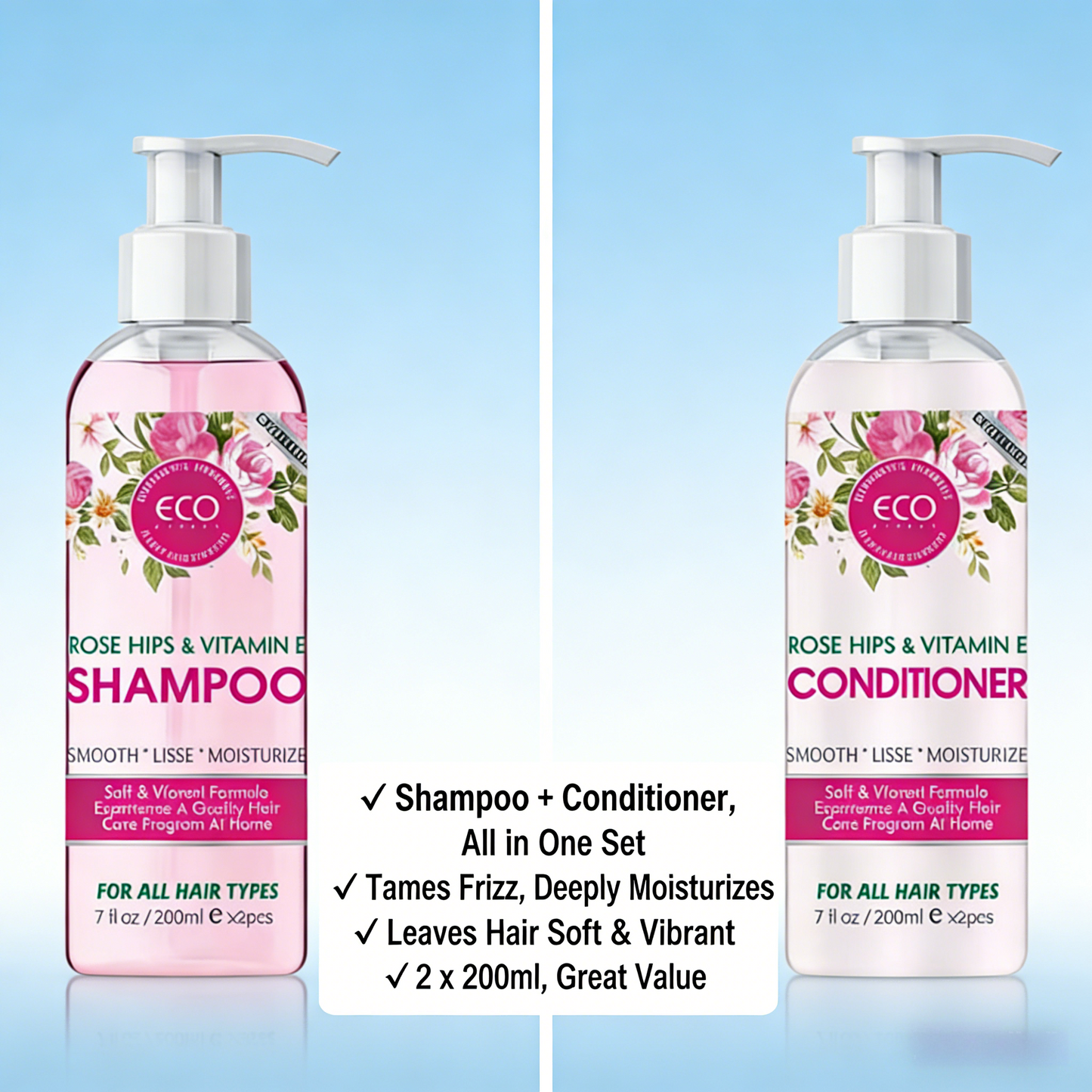 200ml x 2 Rose Hips & Vitamin E Shampoo & Conditioner Set – Plant-Based Hair Care for Soft, Moisturized Hair