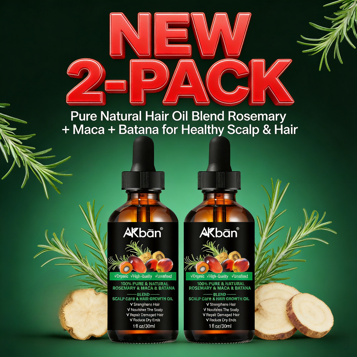 2 x 30ml AKBAN Rosemary & Maca & Batana Oil – Natural Hair Care Blend for Scalp & Hair | Organic, Unrefined, Lightweight Formula