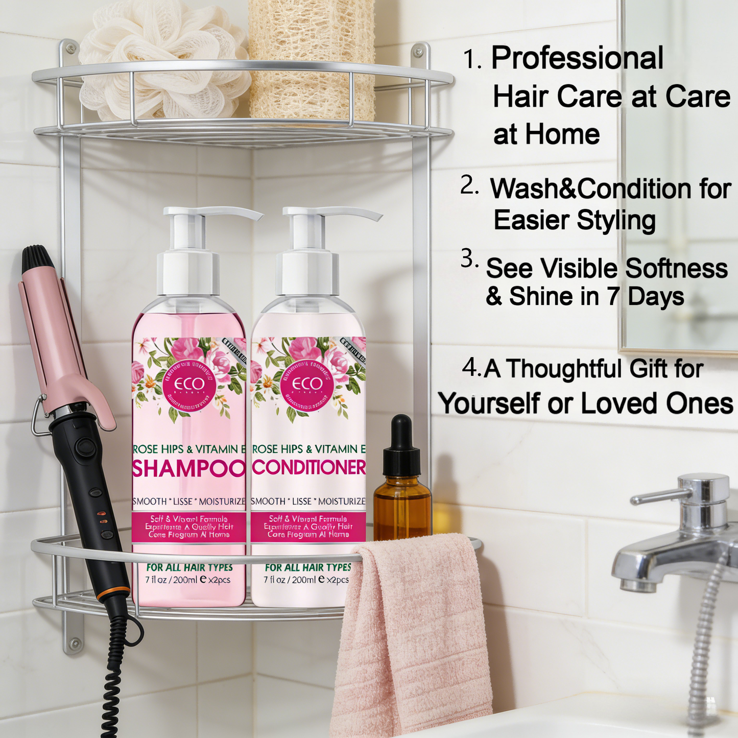 200ml x 2 Rose Hips & Vitamin E Shampoo & Conditioner Set – Plant-Based Hair Care for Soft, Moisturized Hair