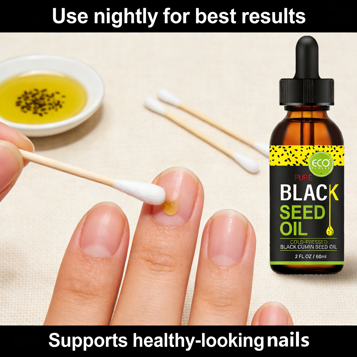 60ml cold-pressed black seed oil, suitable for all hair and skin types, not only helps nourish the skin and smooth the hair, but also supports nail health by improving dryness and brittleness