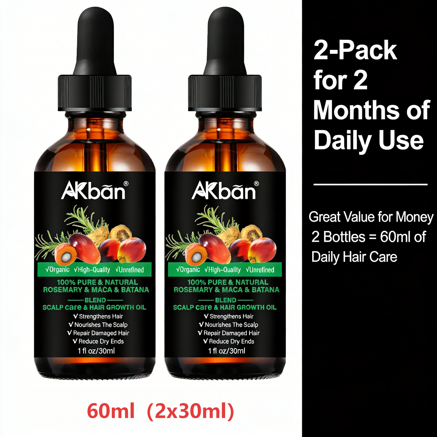 2 x 30ml AKBAN Rosemary & Maca & Batana Oil – Natural Hair Care Blend for Scalp & Hair | Organic, Unrefined, Lightweight Formula