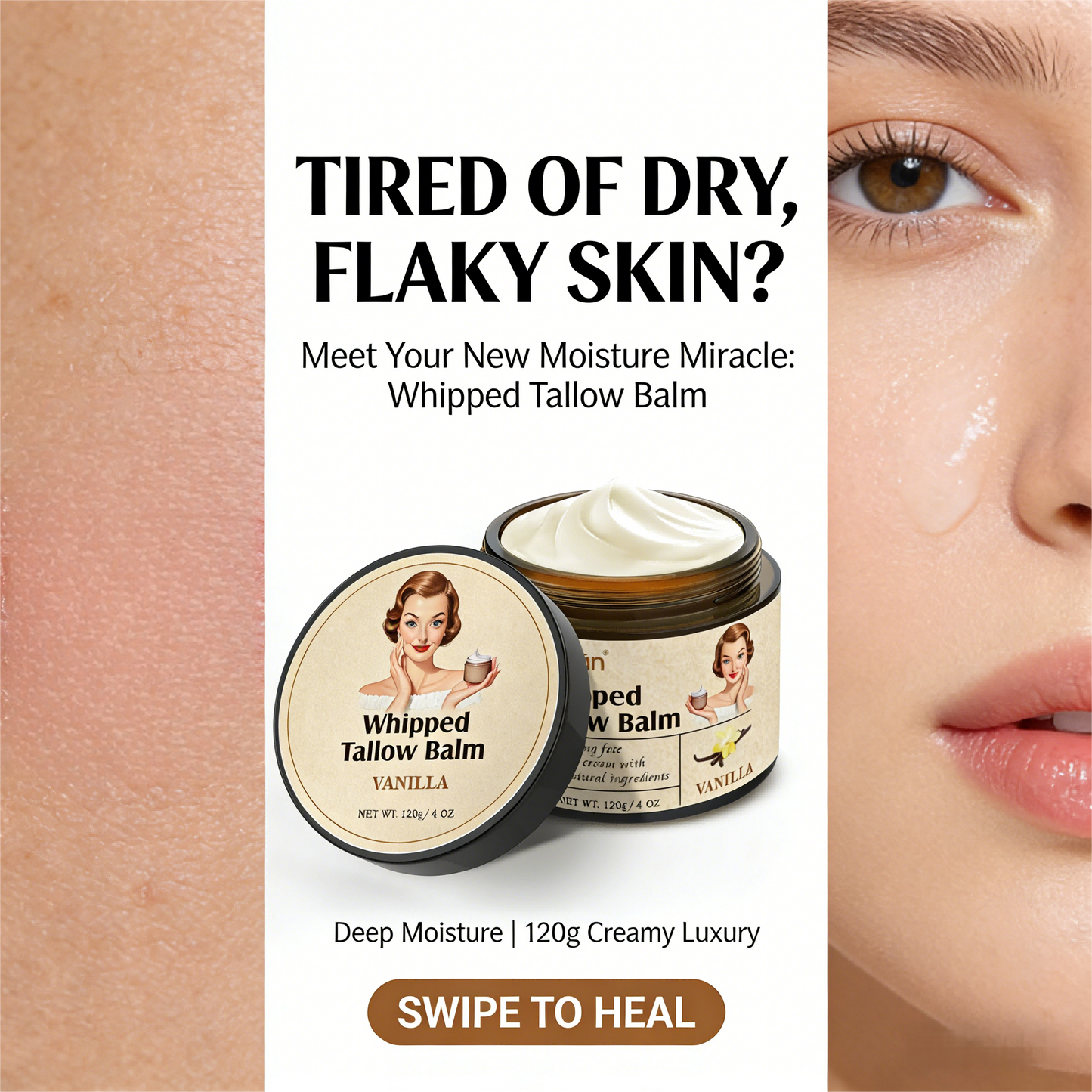 120g Whipped Tallow Balm – Vanilla Scented Moisturizing Cream for Face & Body