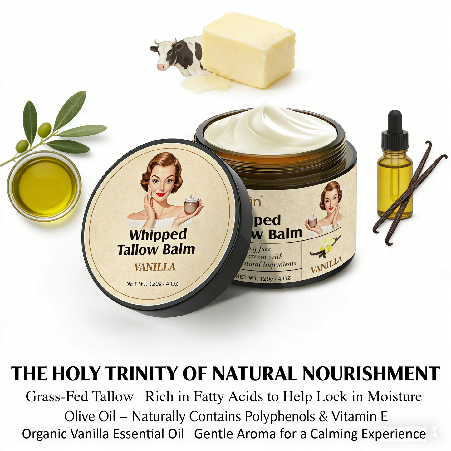 120g Whipped Tallow Balm – Vanilla Scented Moisturizing Cream for Face & Body