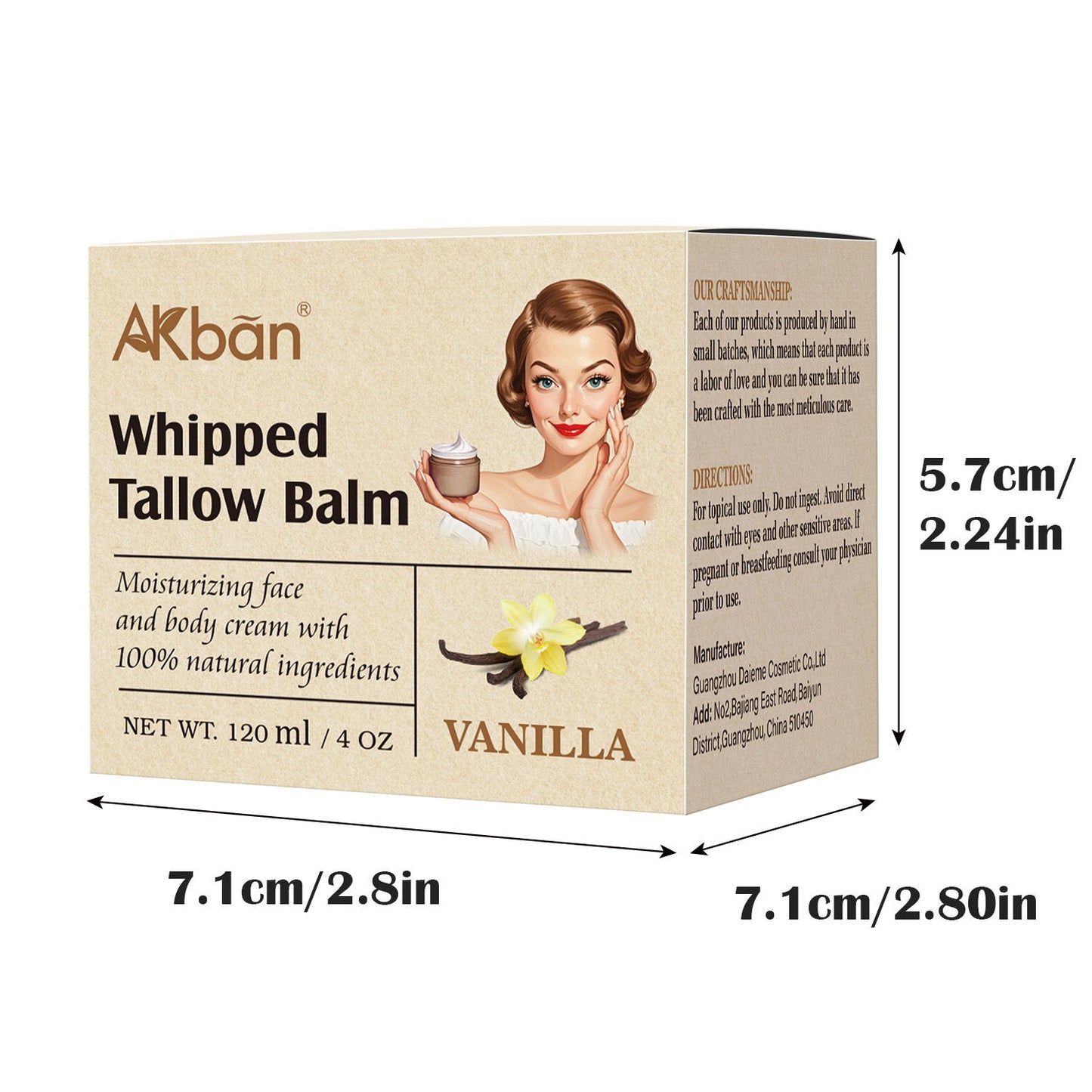 120g Whipped Tallow Balm – Vanilla Scented Moisturizing Cream for Face & Body
