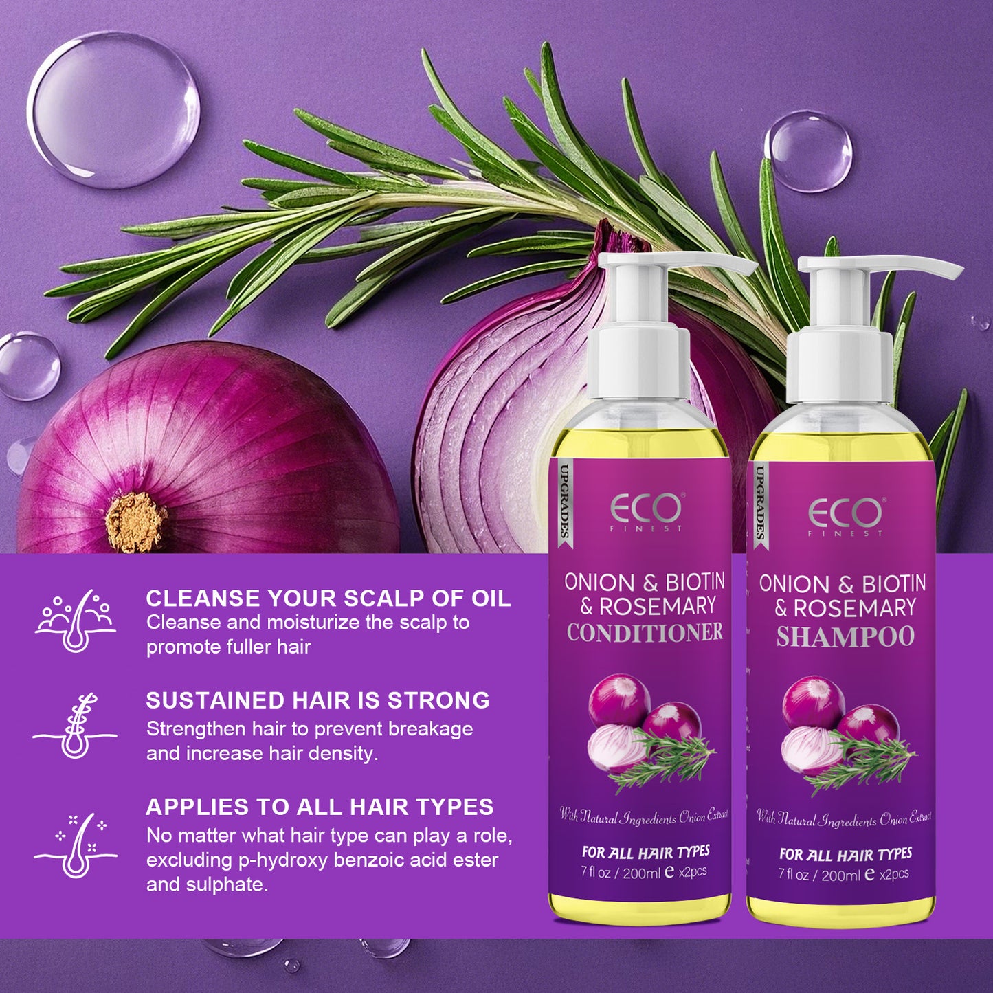 200ml x 2 Onion & Rosemary Shampoo & Conditioner Set – Natural Hair Growth Formula with Biotin, for Stronger, Thicker Hair and Scalp Care