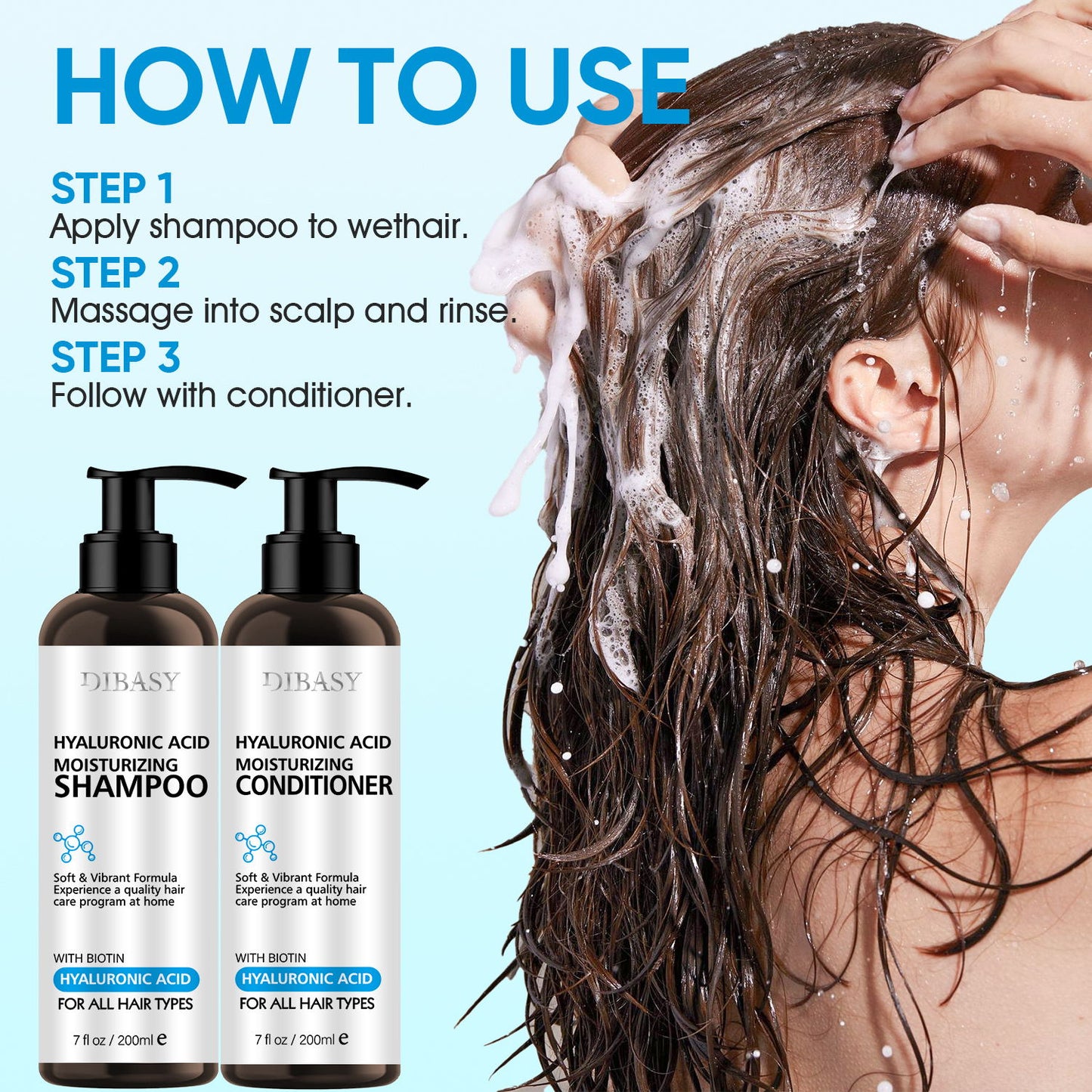 200ml x 2 Hyaluronic Acid Shampoo & Conditioner Set – Deep Moisturizing Formula with Biotin for Soft, Smooth and Healthy Hair