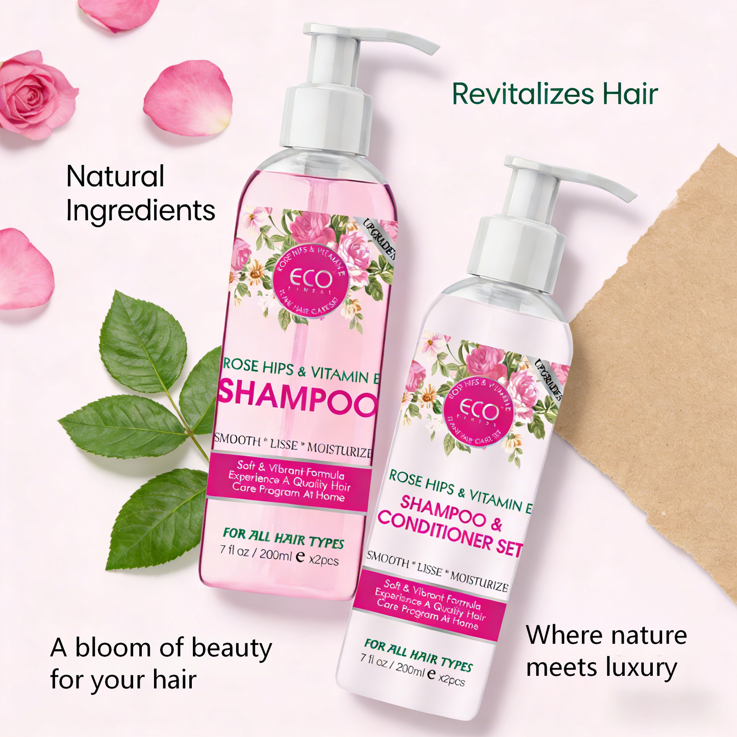 200ml x 2 Rose Hips & Vitamin E Shampoo & Conditioner Set – Plant-Based Hair Care for Soft, Moisturized Hair