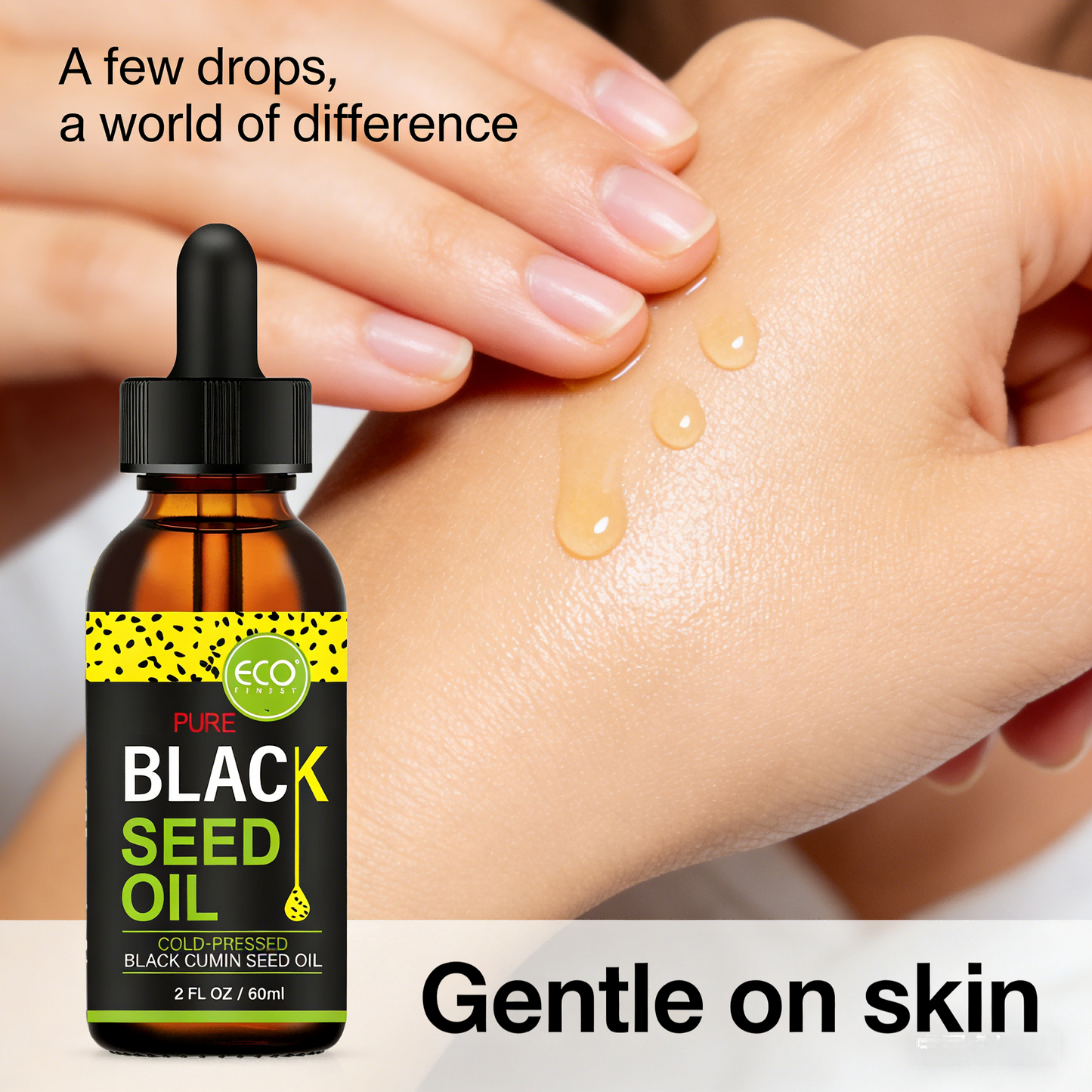 60ml cold-pressed black seed oil, suitable for all hair and skin types, not only helps nourish the skin and smooth the hair, but also supports nail health by improving dryness and brittleness