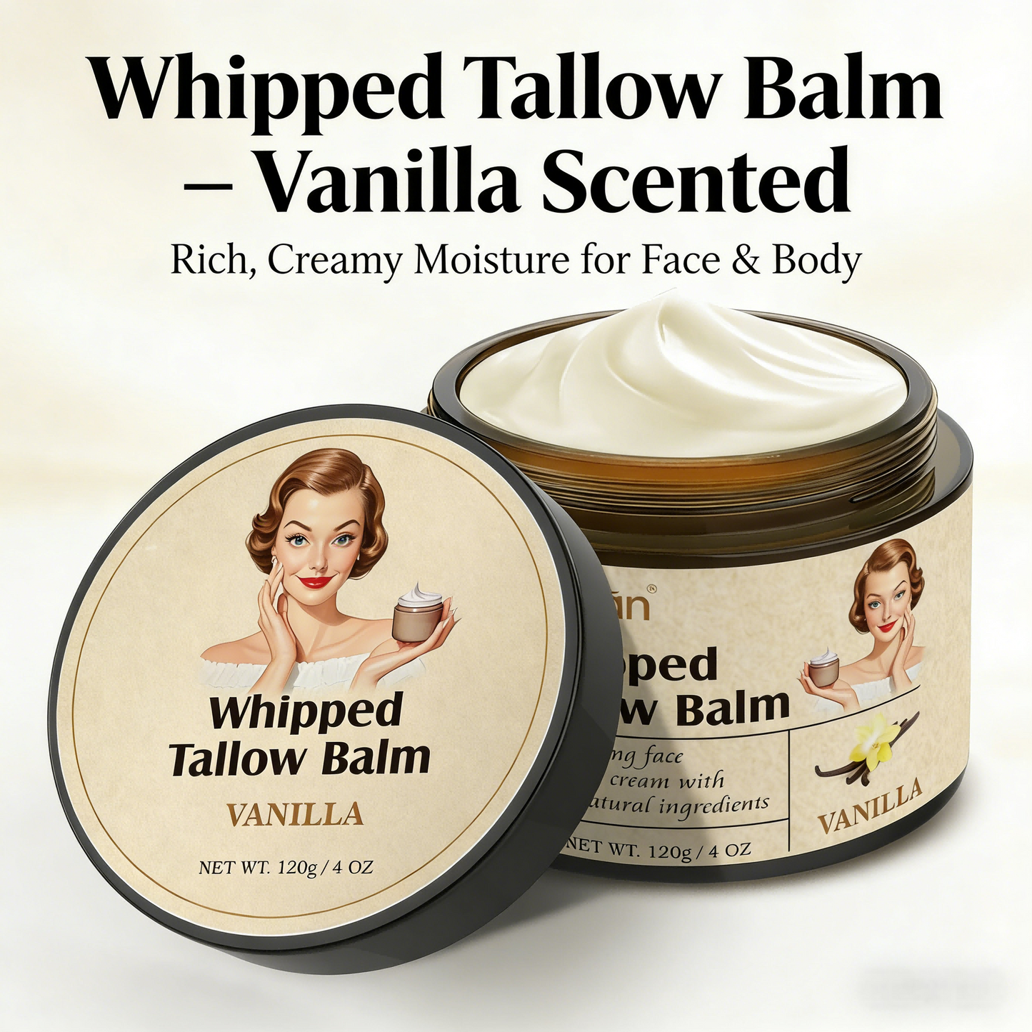 120g Whipped Tallow Balm – Vanilla Scented Moisturizing Cream for Face & Body