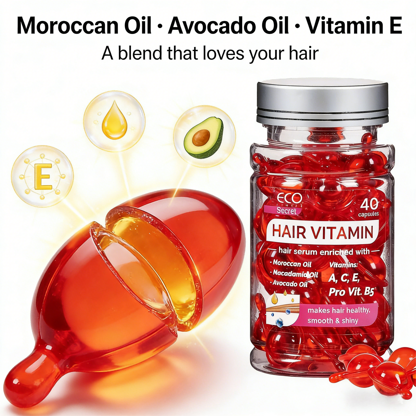 Hair Vitamin Oil Capsules – 40 Count | Enriched with Vitamins A, C, E & Pro-Vitamin B5 | Plant-Based Oils for Hair Care | Daily Supplement for Soft & Healthy-Looking Hair
