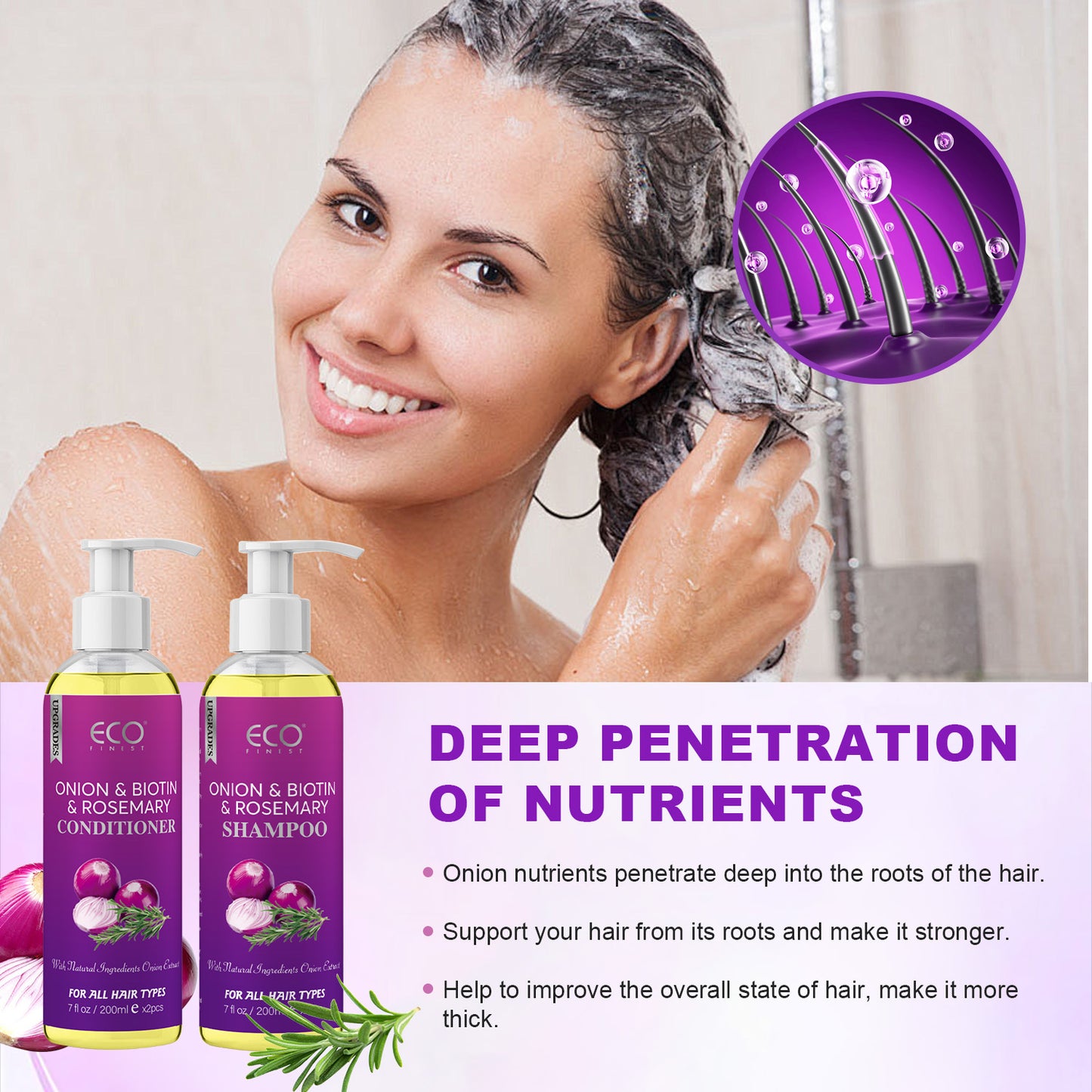 200ml x 2 Onion & Rosemary Shampoo & Conditioner Set – Natural Hair Growth Formula with Biotin, for Stronger, Thicker Hair and Scalp Care