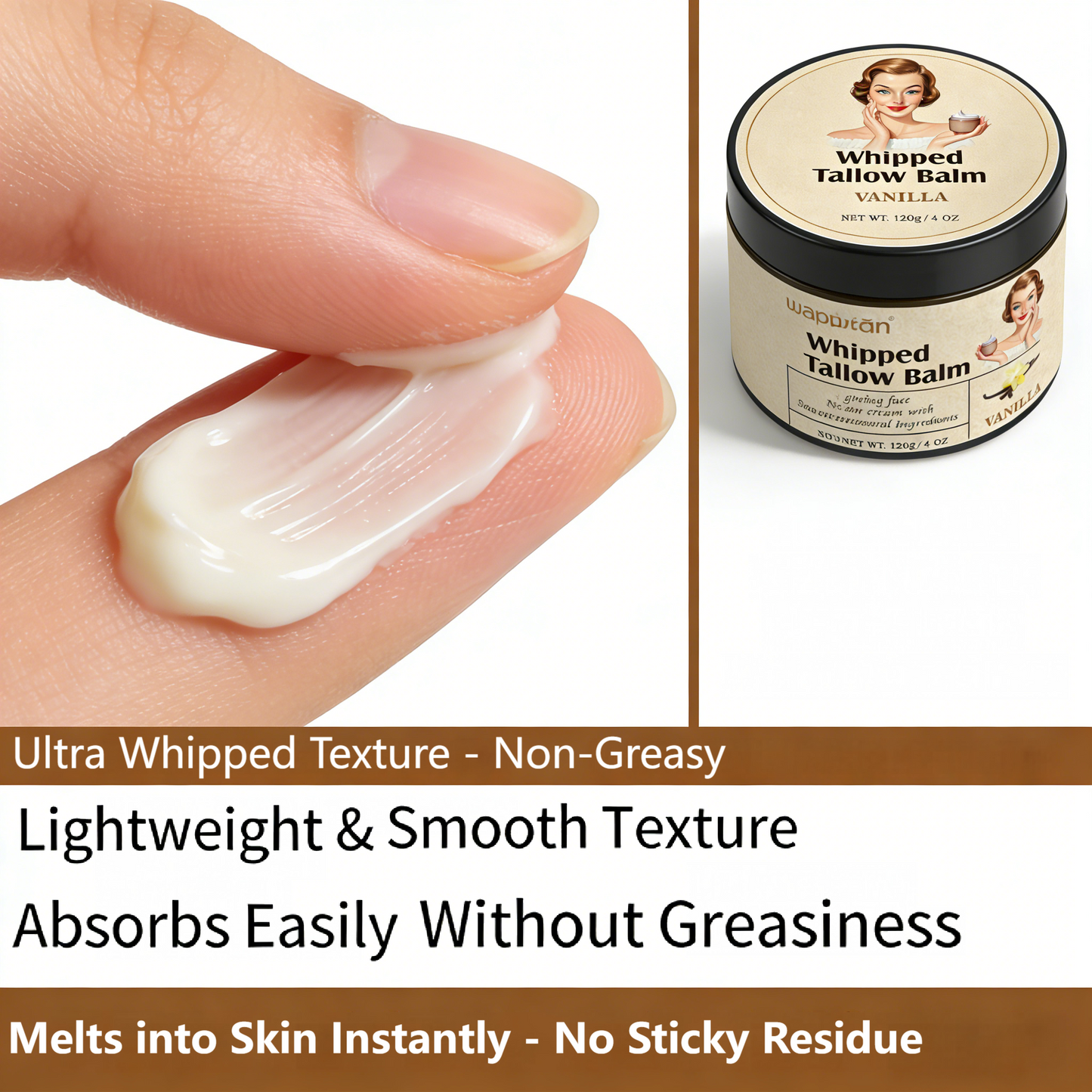 120g Whipped Tallow Balm – Vanilla Scented Moisturizing Cream for Face & Body