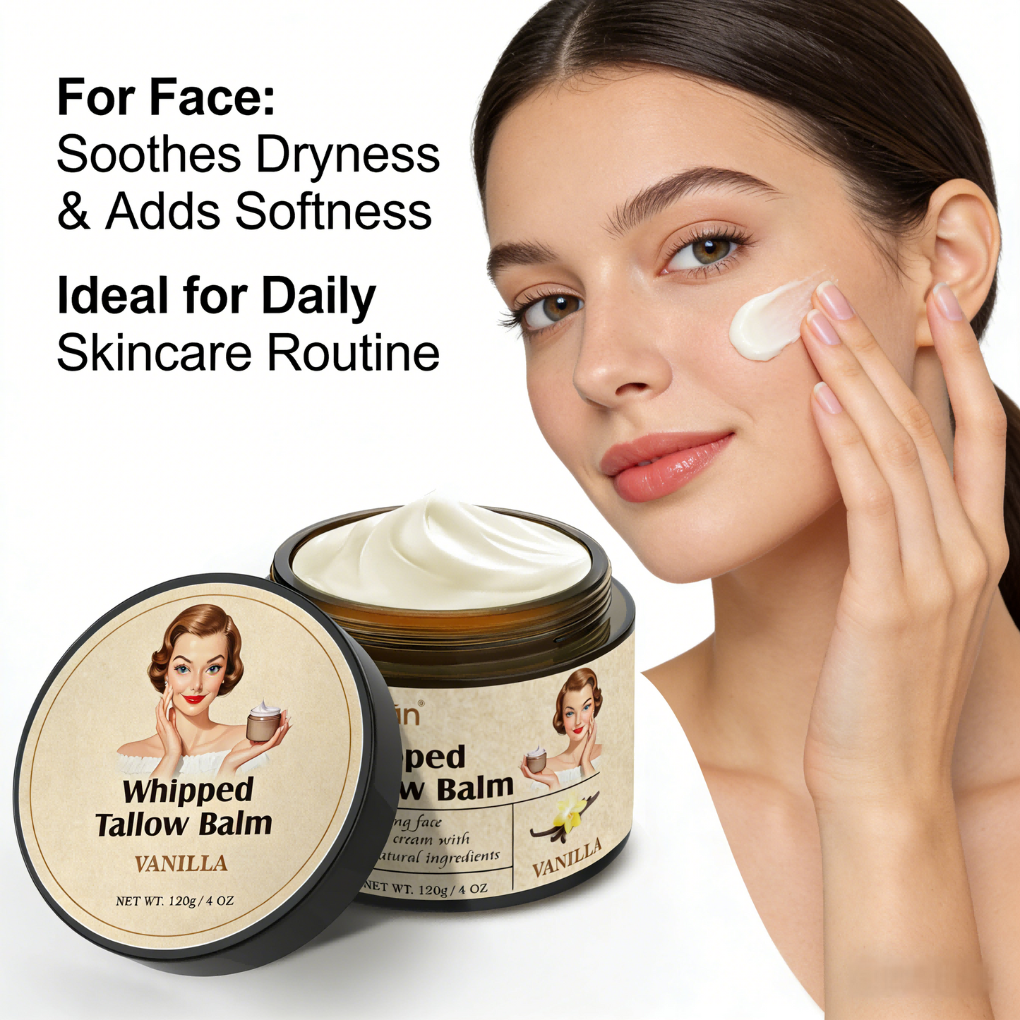 120g Whipped Tallow Balm – Vanilla Scented Moisturizing Cream for Face & Body